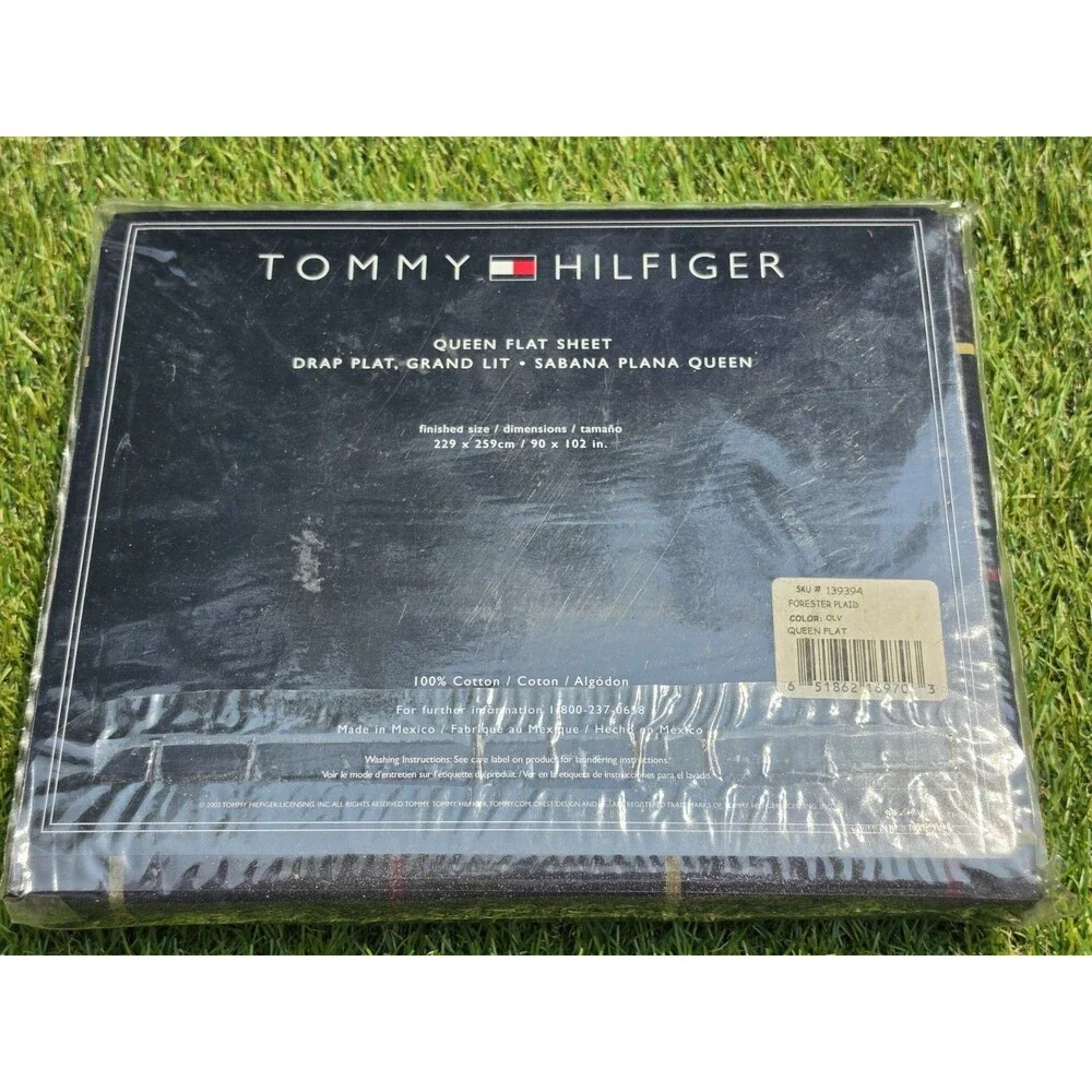 Vtg NOS Tommy Hilfiger Queen Flat Sheet 100% Ringspun Combed Cotton  Olive Plaid